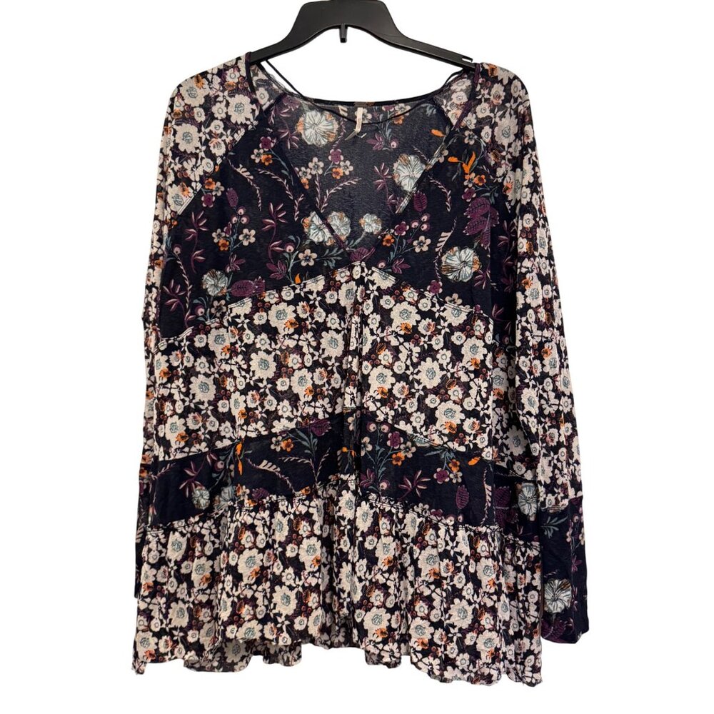 Anthropologie Maeve Floral Print Long Sleeve Tunic Top Womens Size Large Navy Mu